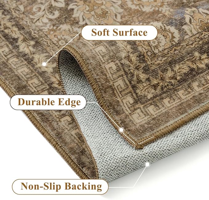 3x5 Vintage Area Rug Brown Entryway Washable Carpet Non Slip Bedroom Indoor Living Room Door Mat Low Pile Traditional Distressed Retro Floral Accent Rug for Dining Room Bathroom Kitchen