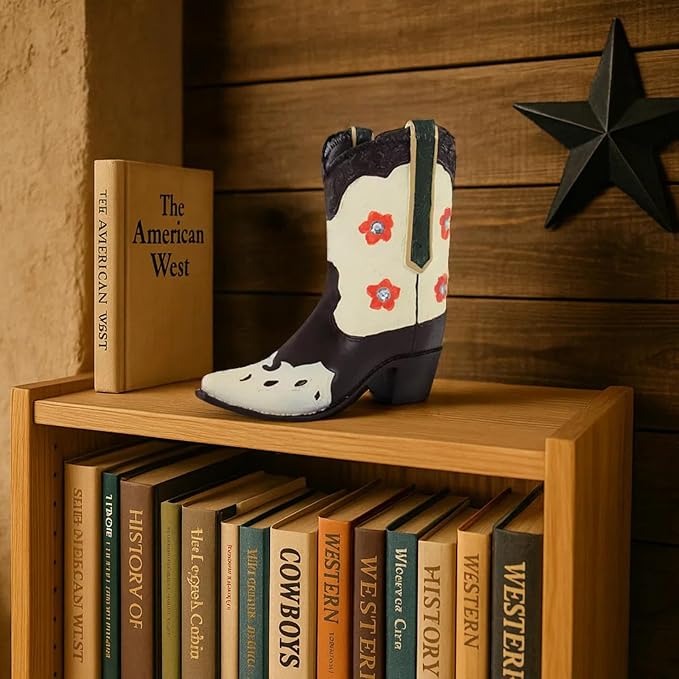 Rustic Cowboy Boot Resin Figurine – Brown & Cream Western Boot Sculpture with Red Flowers – Vintage Farmhouse Country Decor Accent – 6.89” Handicraft Personalized Gift (Brown)