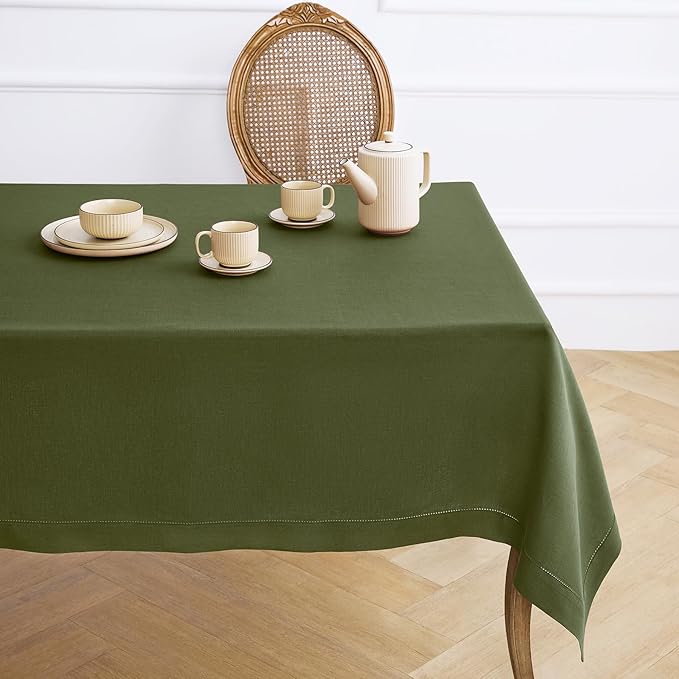 Solino Home Olive Linen Tablecloth 60 x 108 Inch - 100% Pure Linen Hemstitch Table Cloth for Rectangle Tables - Classic Hemstitch, Machine Washable Tablecloth for Fall, Autumn, Thanksgiving