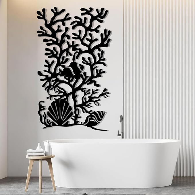 Metal Coral Reef Wall Decor, Coral Reef with Clownfish & Seashells Metal Wall Art, Sea Life Wall Art, Nautical Coastal Wall Decor, Ocean Wall Hanging for Bathroom (Silver, 59"x35"/150x90cm)