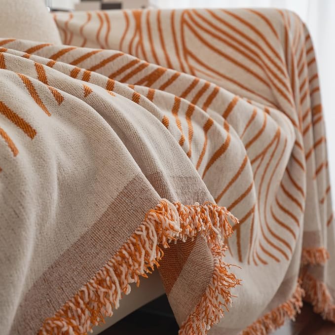 VClife XXL Sofa Cover Chenille Couch Cover for 3 Cushion Couch Sofa, Modern Beige Caramel Striped Couch Covers for Kids Washable Sectional Sofa Protector with Tassel 71"X150"
