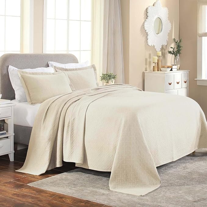 Superior 100% Cotton Basket Weave Bedspread with Shams, All-Season Premium Cotton Matelasse Jacquard Bedding, Quilted-Look Geometric Basket, Queen, Ivory