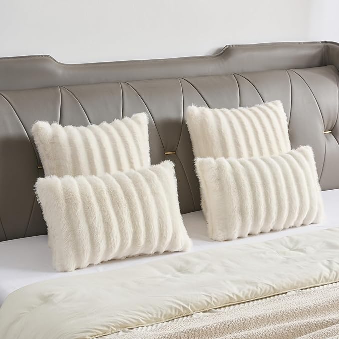 FUTEI Cream White Decorative Throw Pillow Covers 22x22 Inch Set of 2,Soft Fluffy Faux Rabbit Fur Dyeing Striped Textured Cushion Case,Modern Home Decor for Couch Bed Living Room