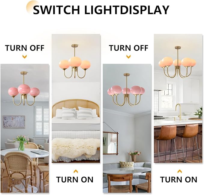 BOKT 5 Light Gold Globe Sputnik Chandelier Modern Pink Glass Sputnik Pendant Lights Kitchen Island Mid Century Vintage Brushed Brass Ball Chandelier Light Fixture for Bedroom Dining Living Room