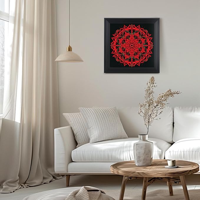 Brivoria Mandala Wall Art Home Decor, Large Framed Red Ember Glow Mandala Artwork, Modern Spiritual Energy Wall Decor for Living Room Office Entryway or Meditation Space, Warm Statement Display, 20x20