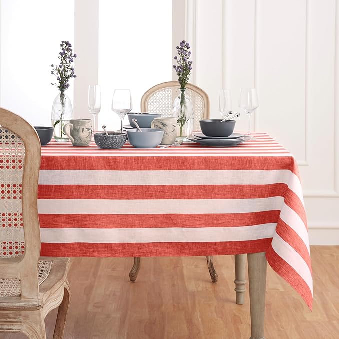 Solino Home Linen Square Tablecloth 52 x 52 Inch - Cabana Stripe, 100% Pure Linen Red and White Table Throw - Machine Washable Tablecloth for Christmas, Holiday, Winter