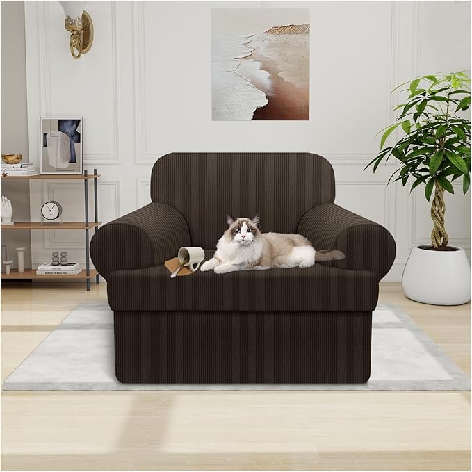 Waterproof Chair Cover with Arms 2-Piece Set Striped Slipcover for 1 Separate T Cushion Couch - TPU Fabric Armchair Covers Leakproof Couch Protector for Kids, Pets(Chair, Brown)