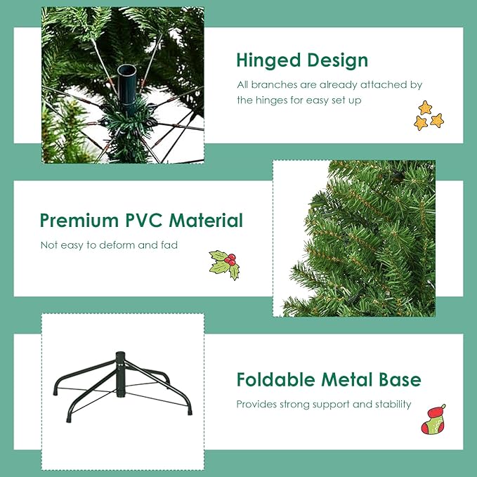 COSTWAY 8 FT Pre-lit Christmas Tree, Artificial Xmas Tree with 750 Warm White & Multicolored Lights, 11 Modes, 2128 Branch Tips, Metal Support, Holiday Decoration Fake Tree for Home, Office, Party