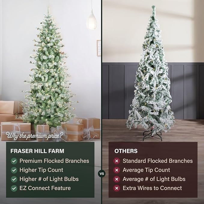 Fraser Hill Farm 6.5-Feet Pre-Lit Buffalo Fir Green Slim Artificial Christmas Tree with Warm White LED String Lights, Realistic Foliage, Lightly Flocked with Pinecones, Stand Included
