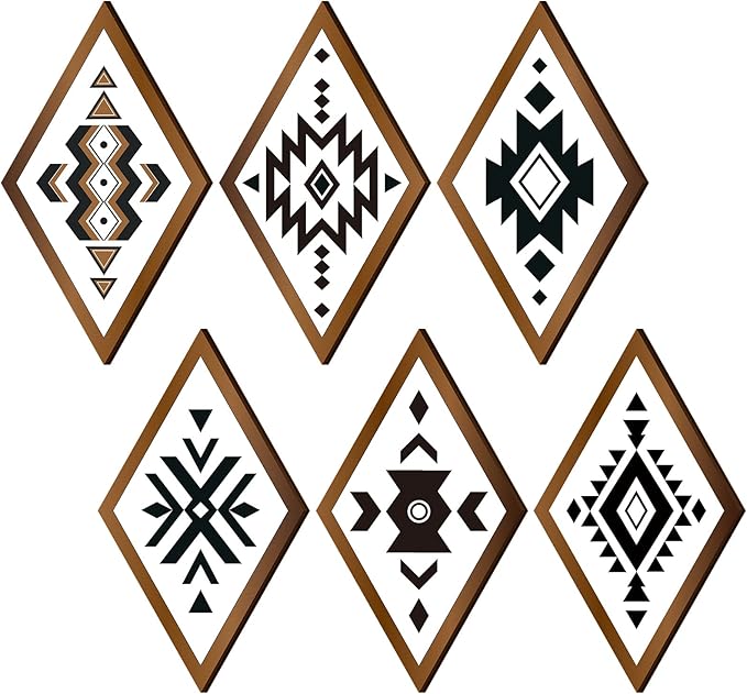 Nuenen 6 Pcs Aztec Wall Decor, Farmhouse Southwest Home Decor, Boho Wall Art Western Geometric Diamond Frame Hanging Aztec Print Abstract Shape Wood Modern Art Decoration for Bedroom Bathroom Office