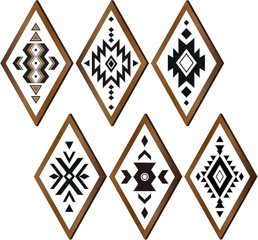 Nuenen 6 Pcs Aztec Wall Decor, Farmhouse Southwest Home Decor, Boho Wall Art Western Geometric Diamond Frame Hanging Aztec Print Abstract Shape Wood Modern Art Decoration for Bedroom Bathroom Office