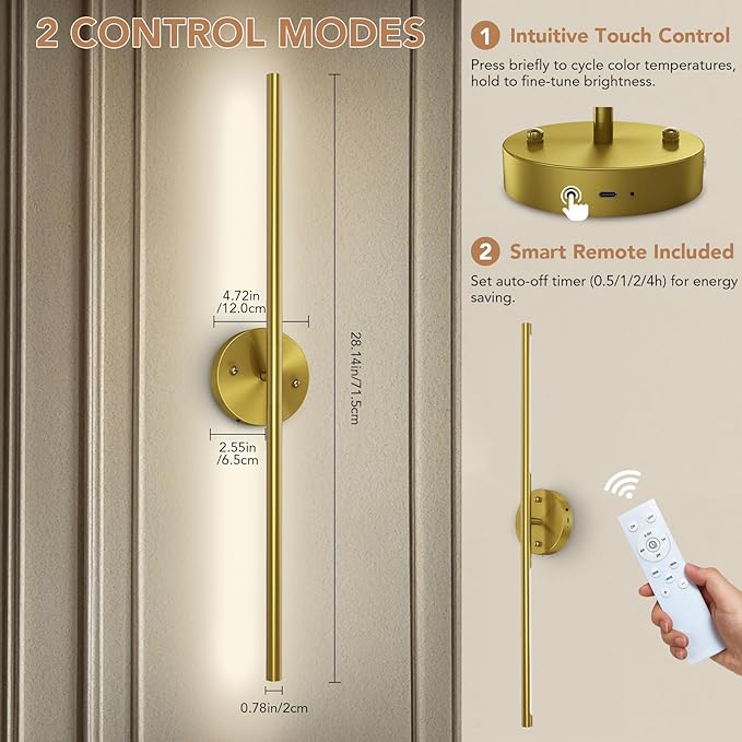 TONYFUL Battery Operated Wall Sconce Set of Two, Rechargeable Wall Lamp with 6000mAh Dimmable Bulbs and Remote, 3000K-6500K LED Wireless Wall Lights for Bedroom, Living Room, Hallway Decor, Background
