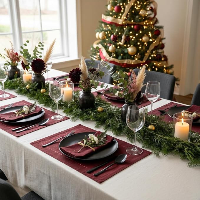 D'Moksha Homes Linen Placemats Set of 4 - Classic Hemstitch Dark Red Placemats 14 x 19 Inch - 100% Pure Linen Table Mats for Winter, Christmas, Holiday - Handcrafted and Machine Washable