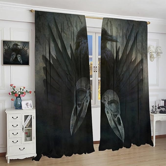 Gothic Blackout Window Curtains, Halloween Black Raven Crow Black Dark Wings Rod Pocket Window Treatments Drapes, for Living Room Bedroom 36(W)*63(L) 2 Panels