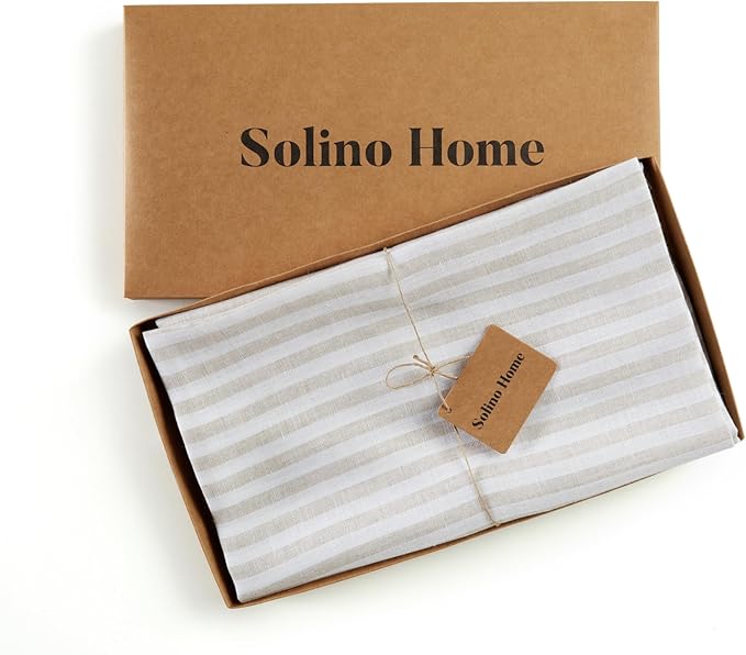 Solino Home Linen 60 Inch Round Tablecloth - Amalfi Stripe, 100% Pure Linen Natural and White Round Tablecloth - Machine Washable Table Cloth for Fall, Autumn, Thanksgiving, Christmas