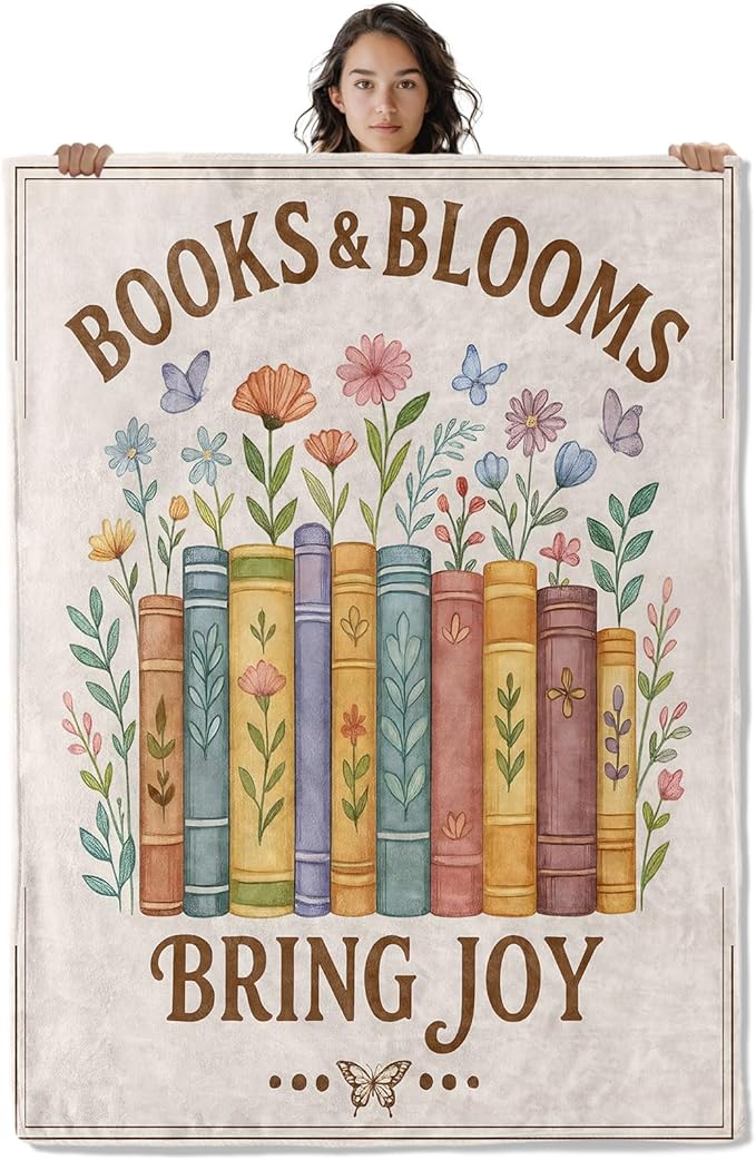 Charming Book Blanket, Floral Reading Theme 50 x 40 Inch Flannel Throw Blanket, Gifts for Women Kids, Lightweight Cozy Warm Blankets for Sofa Travel Home Decor