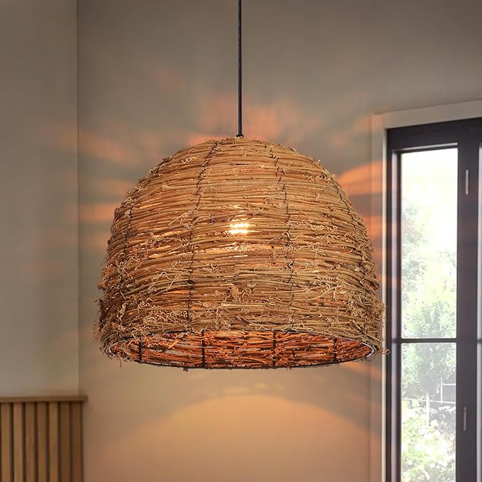 Arturesthome 1 Light Coastal Boho Chandeliers for Dining Room Woven Pendant Light Fixture Wicker Pendant Lamp for Living Room Entryway Hallway Bedroom 15.7"*11.8"