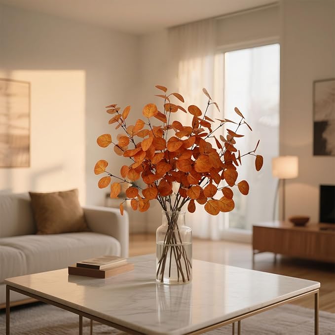 4PCS 24" Burnt Orange Fall Eucalyptus Stems Artificial Eucalyptus Leaves for Autumn Vase Decoration, Rustic Thanksgiving Centerpiece & Christmas Home Decor
