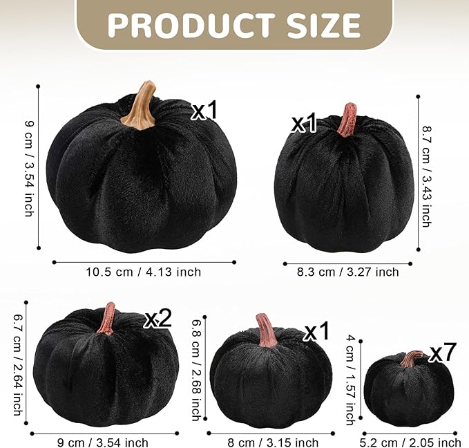12 Pcs Autumn Artificial Velvet Pumpkins Set Halloween Faux Kitchen Cloth Fall Harvest Foam Farmhouse Porch Table Wedding Decorative Black