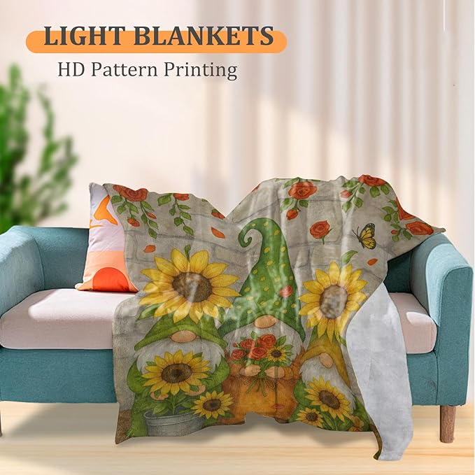 Whimsical Gnome Blanket, Sunflower Garden 50 x 40 Inch Flannel Throw Blanket, Gifts for Women Kids, Lightweight Cozy Warm Blankets for Sofa Travel Home Decor