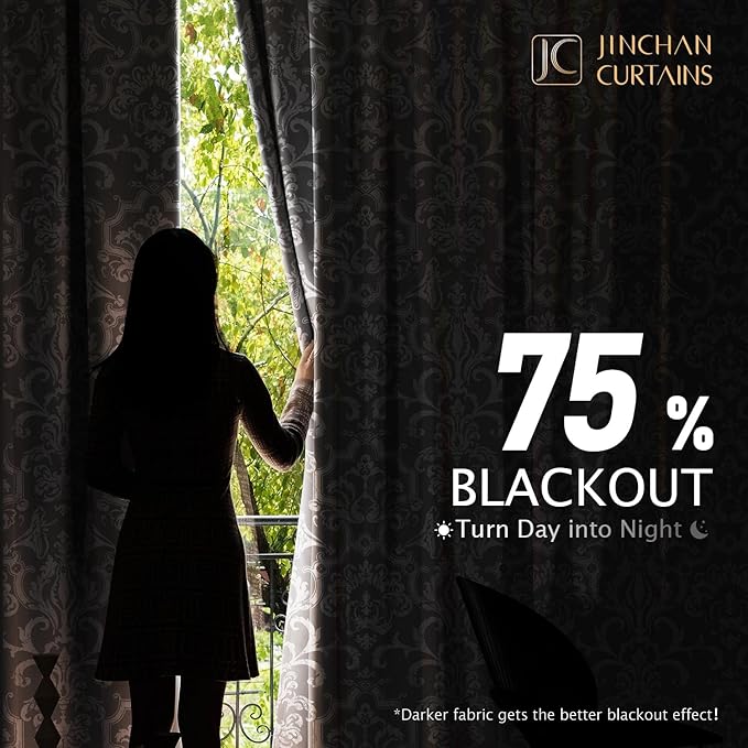 jinchan Room Darkening Curtains for Bedroom Grey Damask Patterned Curtains 108 Inch Length for Living Room Linen Textured Vintage 9FT Long Drapes Medallion Window Treatments Grommet Top 2 Panels Set