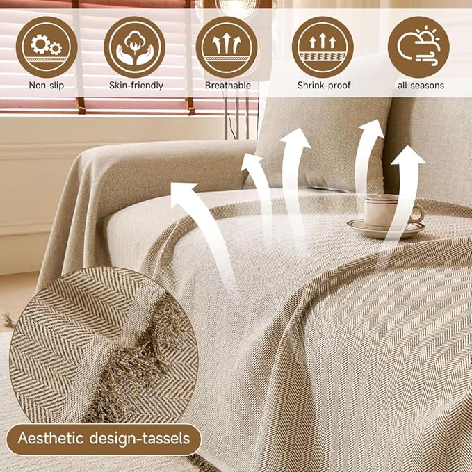 ROOMLIFE Boho Khaki Couch Covers for 3 Cushion Sofa, Couch Cover Sectional Sofa Cover for Dog, Washable Furniture Sofa Protector Cover Soft Blanket with Tassel for Living Room, 71''X118''