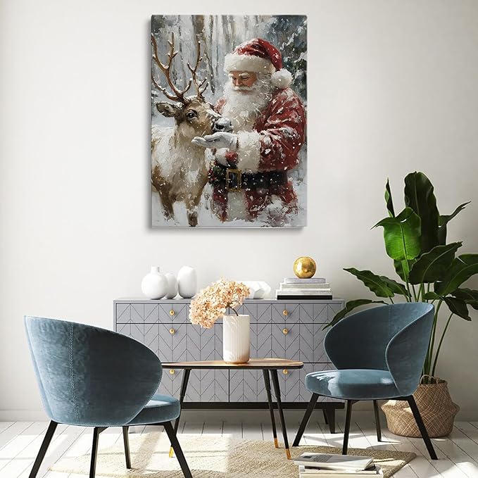 Santa With Reindeer Wall Art Print,Vintage Christmas Farmhouse Prints,Rustic Winter Holiday Decor
