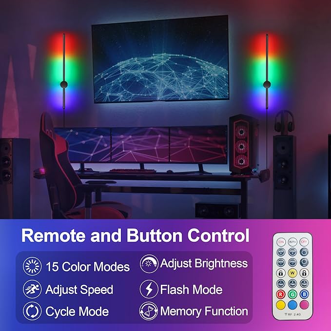 RGB LED Wall Sconces Set of Two with Remote, 15 Color Modes, Dimming, DIY 180° Rotate, Black Plug in Wall Sconces with Warm Light, Dynamic Multicolor Ambience Lights, Plug in Wall Light, 23.6 Inches