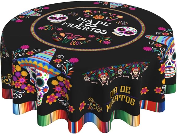 Mexican Round Tablecloth, Traditional Colorful Skull Floral Dia De Los Muertos Azulejo Mosaic Mexico Water Resisitant Table Cover for Dining Kitchen Living Room Home Party Holiday Decor 60 inch Round