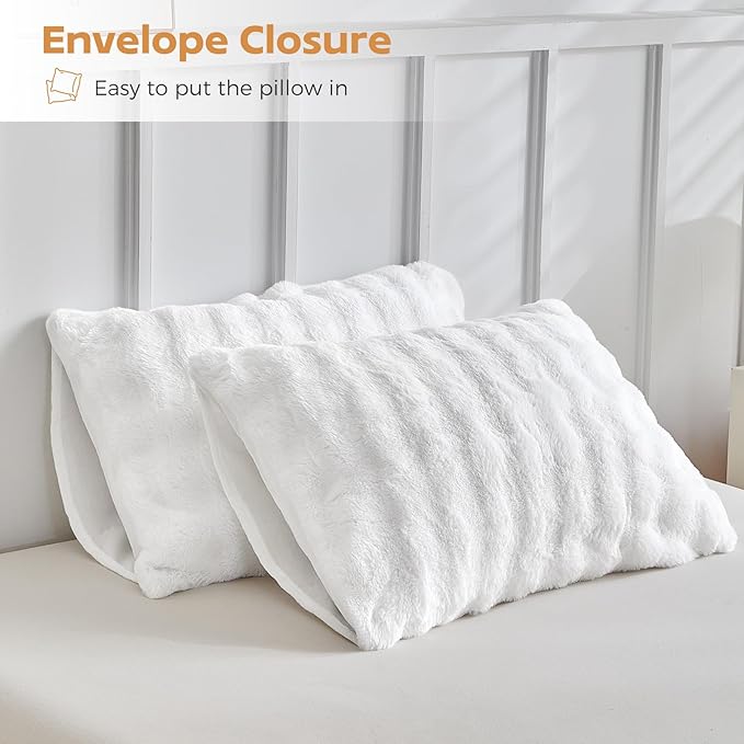 Tokokimo Fluffy Fleece Queen Size Duvet Cover Set, Ultra Soft Reversible Heavyweight Bedding Set, Extra Warm Winter Duvet Cover Set with 2 Pillow Cases, All Season Fuzzy Comforter Cover Set, White