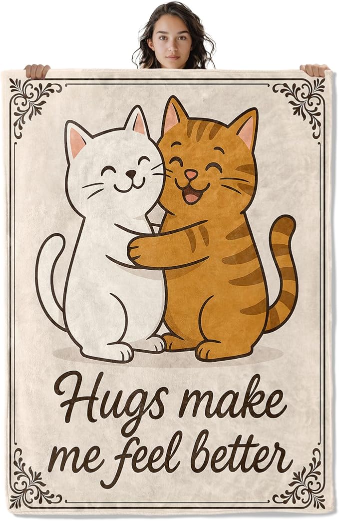 Adorable Cat Hug Blanket, Cute Animals Warm Love 80 x 60 Inch Flannel Throw Blanket, Gifts for Women Kids, Lightweight Cozy Warm Blankets for Sofa Travel Home Decor