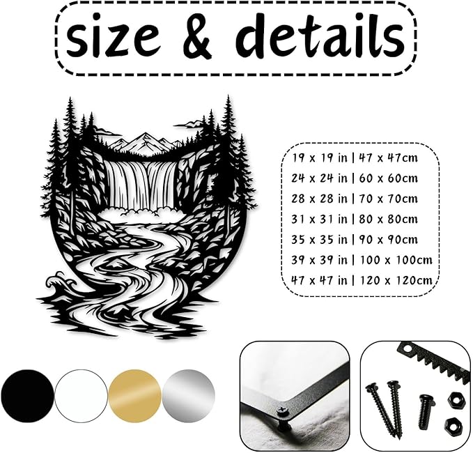 OZF Mountain Waterfall Forest Metal Wall Art, Rustic Wilderness Landscape Metal Wall Decor, Modern Nature Hanging Decor for Living Room Office, Cabin Themed Home Sculpture (Silver, 47 x 47 in | 120 x 120cm)