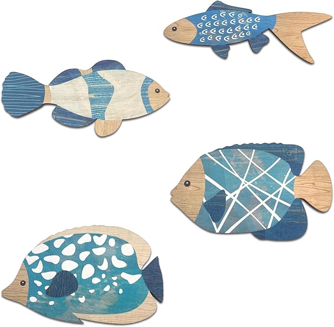 Vumyhuby Wooden Fish Wall Art with Coastal Ocean Theme Decor - Handcrafted Natural Wood Fishs Wall Sculpture Set of 4, Rustic Hanging for Linving Room, Beach, Nautical, or Coastal Home Decoration, Unique Gifts,D