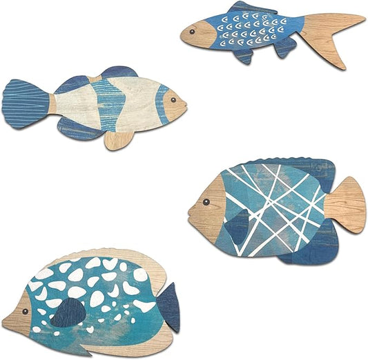 Vumyhuby Wooden Fish Wall Art with Coastal Ocean Theme Decor - Handcrafted Natural Wood Fishs Wall Sculpture Set of 4, Rustic Hanging for Linving Room, Beach, Nautical, or Coastal Home Decoration, Unique Gifts,D