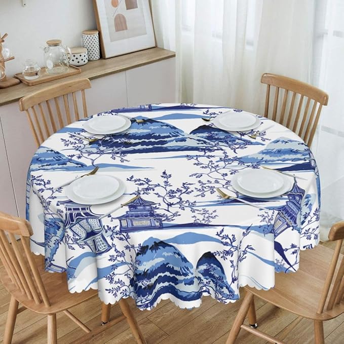 Japanese Tablecloth, Blue Traditional Vintage Landscape Oriental Temple Chinoiserie Water Resisitant Wipeable Table Cover for Dining Kitchen Living Room Home Party Holiday Decor 70 inch Round