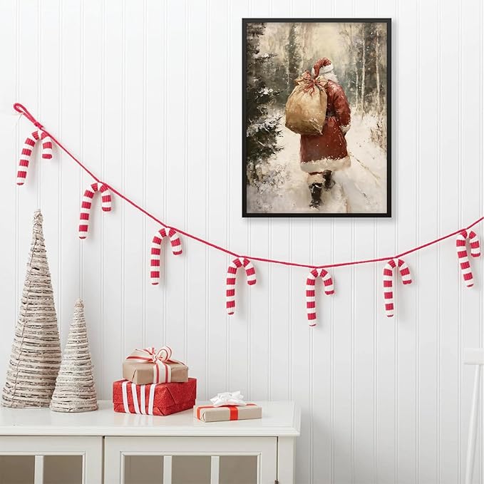 Santa Claus in Winter Forest Poster Vintage Christmas Holiday Canvas Wall Art 12x16 inch Black Framed Cozy Nature Christmas Tree Oil Painting Prints for Cottagecore Bedroom Wall Decor