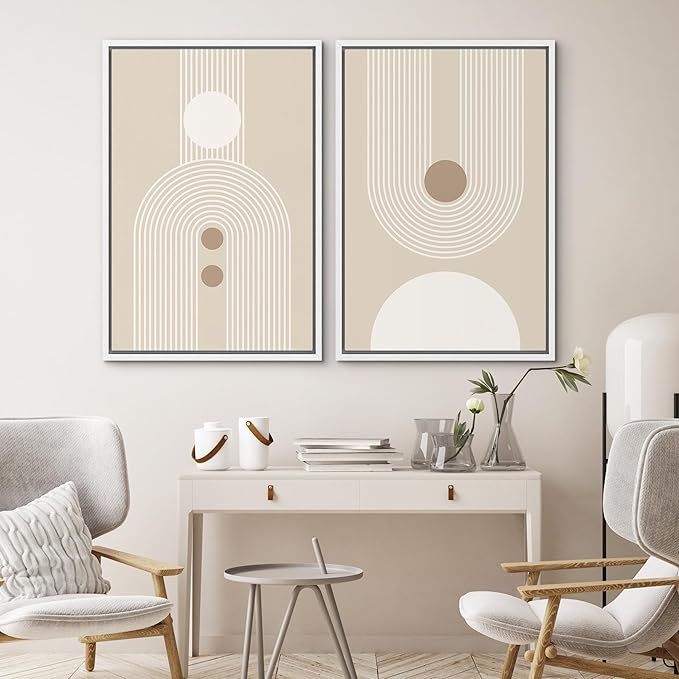 SIGNWIN Framed Canvas Print Wall Art Set Retro Nordic Geometric Pattern Abstract Shapes Cozy Neutral Modern Art Decorative Nordic Multicolor for Living Room, Bedroom, Office - 16"x24"x2 White