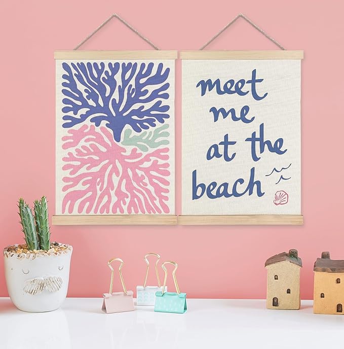 ignytiger Coastal Pink and Blue Coral Meet Me at the Beach Wall Art Poster Framed, Beach House Decor, Coastal Beachy Canvas Wall Art Prints for Home Bedroom Living Room Decor, 12x16 Inches Set of 2