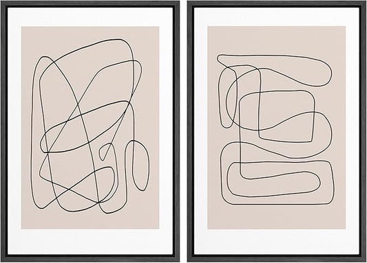 SIGNWIN Framed Wall Art Print Set Line Art Thin Lines Over Plain Tan Background Abstract Swirly Digital Art Modern Art Mid-Century Modern Expressive for Living Room, Bedroom, Office - 16"x24"x2 Black