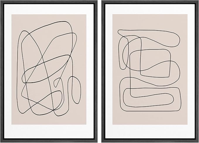 SIGNWIN Framed Wall Art Print Set Line Art Thin Lines Over Plain Tan Background Abstract Swirly Digital Art Modern Art Mid-Century Modern Expressive for Living Room, Bedroom, Office - 24"x36"x2 Black