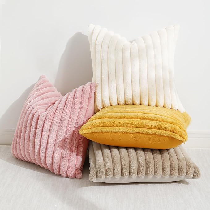 decorUhome Faux Fur Christmas Throw Pillow Covers 20x20 Set of 2, Decorative Soft Plush Striped Neutral Couch Euro Pillow Covers with Velvet Back for Sofa, Bed, Living Room Home Decor, Pink