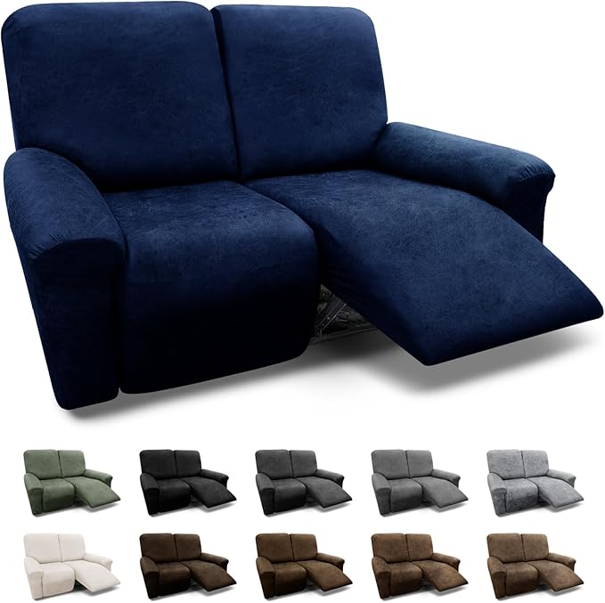 Loveseat Covers 6-Pieces Loveseat Recliner Cover 2 Seater Cover for Reclining Loveseat Cover Leather Look Recliner Slipcovers with Pockets Spandex Furniture Covers(Recliner Loveseat, Navy)