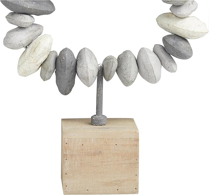 Deco 79 Metal Abstract Decorative Sculpture Circular Stone Home Decor Statue with Brown Wooden Base, Accent Figurine 11" x 4" x 14", Gray