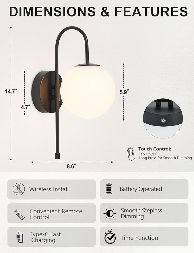 Battery Operated Globe Wall Sconces Set of 2, Wireless Black Wall Lights with Remote Control, Rechargeable 3 Color Stepless Dimming Gooseneck Wall Decor Lamp for Bedroom Living Room Hallway