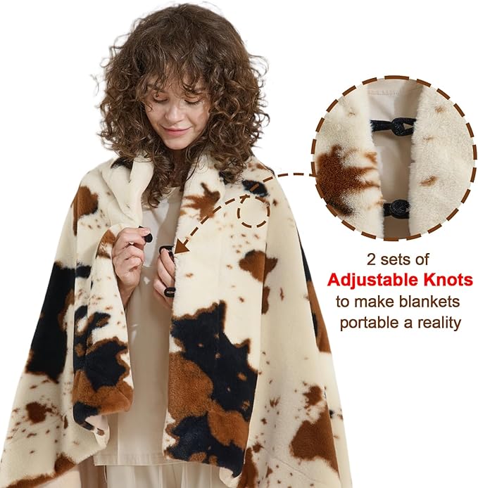 Krifey Faux Fur Blanket with Knot, Soft Cozy Fuzzy Plush Thick Warm Throw Blanket, Faux Rabbit Fleece, Christmas Birthday Gifts for Girls Women Mom, As Shawl, Cow Print, 48x62in