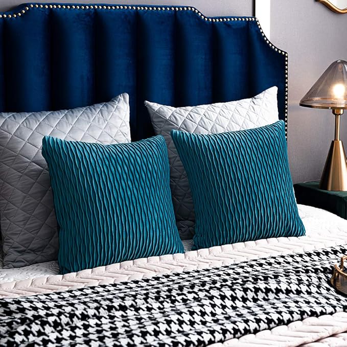 Turquoise Throw Pillow Cases 20x20: 2 Pack Inch Original Striped Velvet Square Decorative Pillow Covers for Farmhouse Couch