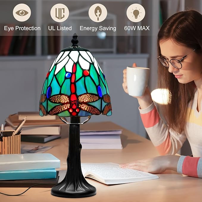 Tiffany Style Table Lamp - Dragonfly Stained Glass Lamps 6 Inch Small Tiffany Lamp Bedside Desk Lamps for Bedroom Living Room Home Office, Desk Reading Light Includes LED Bulb