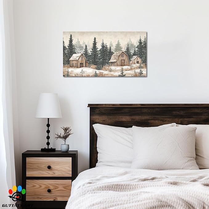 GUTTATY Christmas Winter Scene Canvas Wall Art, Rustic Barn and Forest Wall Paintings, Snowy Holiday Pictures Prints, Cozy Seasonal Canvas Artwork Poster for Living Room Bedroom, 40x20 Inch