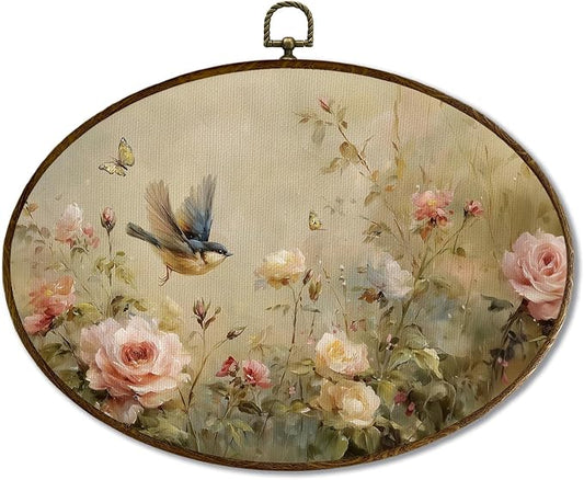 JQF Vintage Bird Floral Oval Wall Decor, Rustic Cottagecore Floral Oval Canvas Wall Art, Rustic Farmhouse Bird Flower Botanical Framed Prints Hanging Decor for Home Bedroom Living Room, 11.5x8.5 Inch