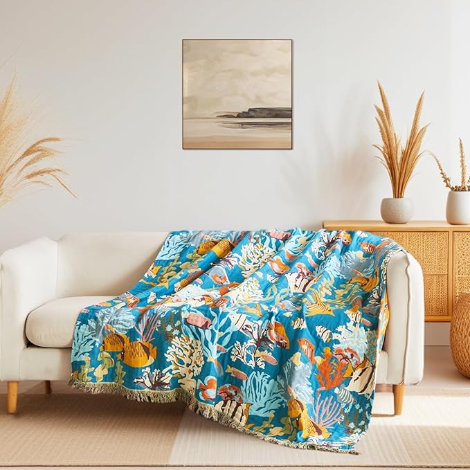 Throw Blanket for Couch Sofa 100% Cotton Blankets for Bedroom Living Room Soft All Season Reversible Underwater Ocean Life Embroidery Throws Coastal Home Decor 50"x60"